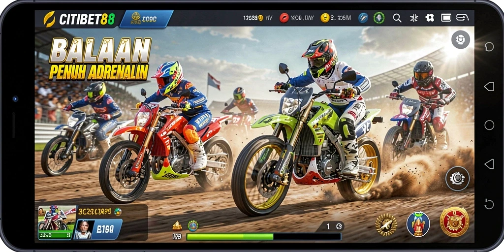 Screenshot CITIBET88 menampilkan aksi balapan motor yang menegangkan.