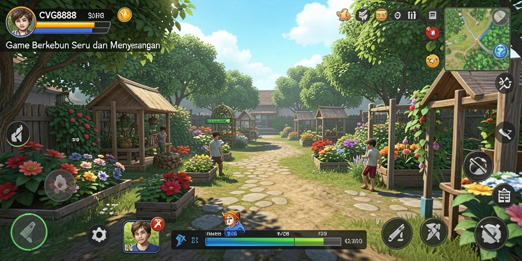 Tangkapan layar utama gameplay CVG8888 dengan suasana berkebun yang ceria.