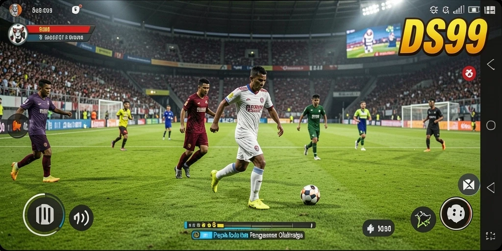 Tampilan gameplay DS99 yang mendebarkan di lapangan sepak bola.