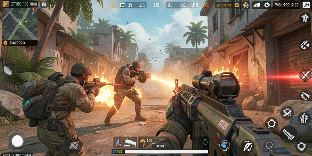 Screenshot gameplay <strong>GT108</strong> menampilkan aksi menembak yang mendebarkan.