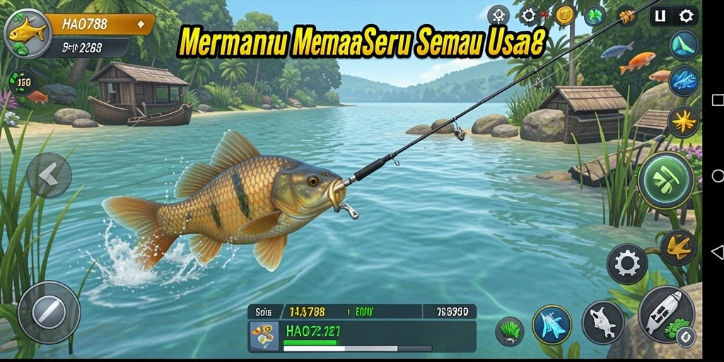 Tampilan gameplay seru HAO788 saat menangkap ikan di danau.