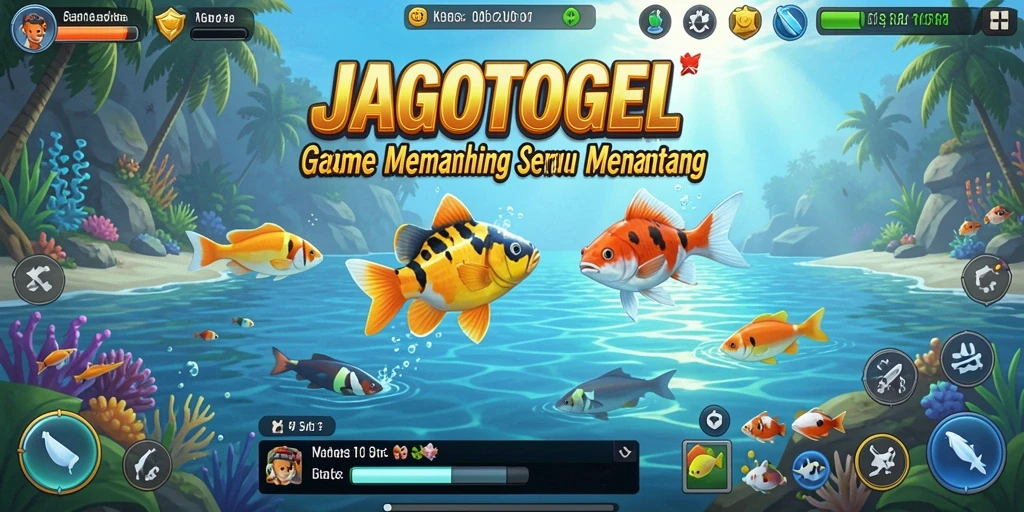 Screenshot gameplay memancing yang menampilkan ikan berwarna-warni dan lingkungan yang indah.