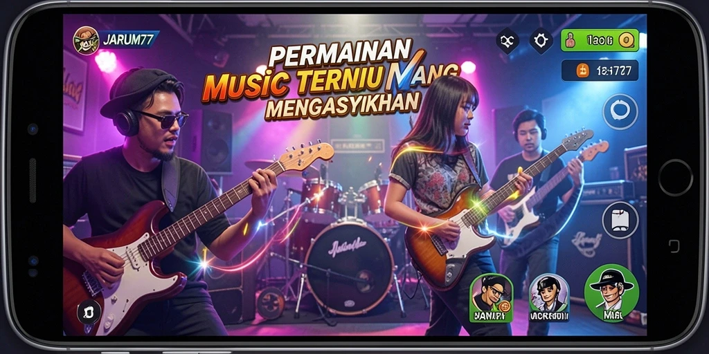 Tampilan gameplay menarik dari aplikasi JARUM77 yang penuh musik.