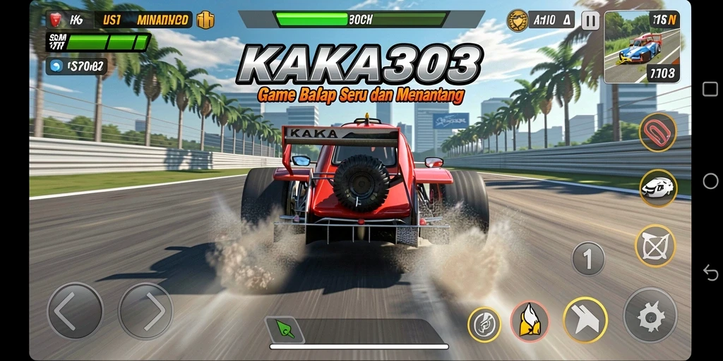 Gameplay KAKA303 menunjukkan aksi balap yang mendebarkan dan mobil yang cepat.