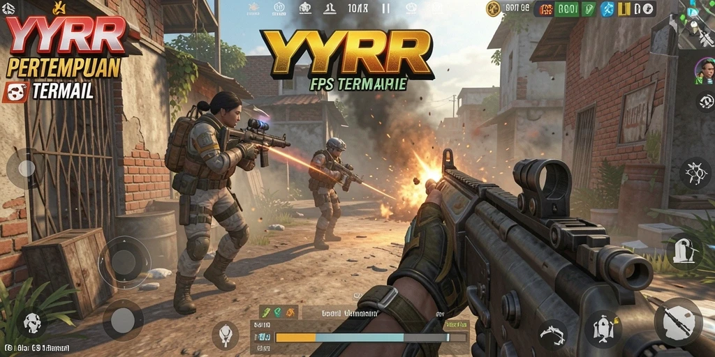 Screenshot gameplay YYRR menampilkan aksi tembak-menembak seru di arena pertempuran.